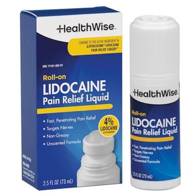HealthWise 4% Lidocaine Roll-On | OTC Strength | Pain Relief Liquid | 2.5 oz. 73 mL | Non-Greasy, Unscented Formula | Topical Anesthetic