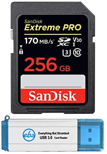 SanDisk 256GB SDXC SD Extreme Pro Memory Card Works with Canon EOS 90D, M6 Mark II Digital Camera Class 10 (SDSDXXY-256G-GN4IN) Bundle with (1) Everything But Stromboli 3.0 SD, Micro Card Reader