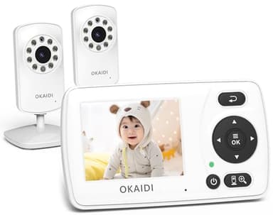 OKAIDI Video Baby Monitor with 2 Cameras, 2.4'' Portable Travel Screen, 1000ft Long Range Transmission, Baby Monitor No WiFi, Infrared Night Vision, VOX Mode
