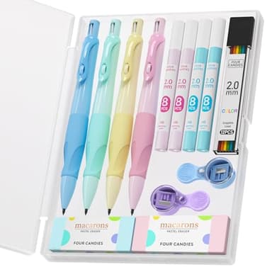 Four Candies 2.0MM Mechanical Pencil with Comfort Ergonomic Grip, 4PCS Cute Mechanical Pencils with 44PCS Lead Refills, 2PCS Sharpeners/Erasers, Aesthetic School Supplies for Kids Writing Drawing