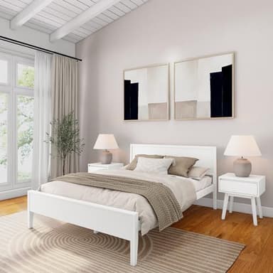 Plank+Beam Solid Wood Queen Bed Frame with Panel Headboard, Modern Queen Platform Bed with Wood Slat Support, No Box Spring Needed, White