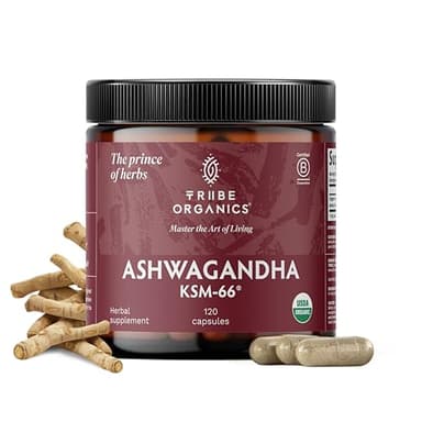 TRIBE ORGANICS Ashwagandha KSM 66 Pure Organic Root Powder Extract Ayurvedic Supplement - Focus, Mood Support, Increase Energy, Strength, 600mg of Natural KSM66 for Superior Absorption - 120 Capsules