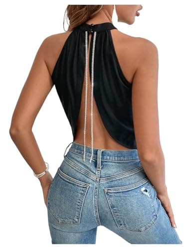 GORGLITTER Women's Rhinestone Open Back Halter Tops Sleeveless Wrap Crop Top Club Going Out Tops Black Small
