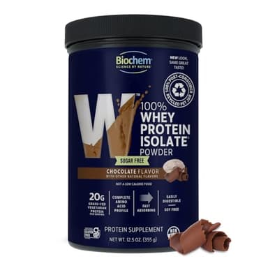 Biochem 100% Whey Sugar-Free Chocolate 20g, 12.5oz, Certified Vegetarian, Certified Gluten Free, Certified Non-GMO Tested, Keto Friendly, Grass-Fed
