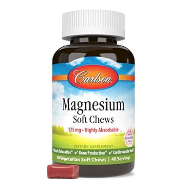 Carlson Magnesium Soft Chews 125 mg Highly Absorbable Muscle Relaxation & Overall Health - Berries & Creme Flavor - 40 Vegetarian Soft Chews