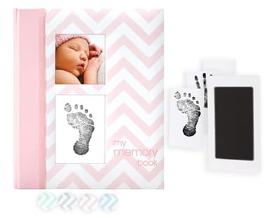 Pearhead Baby Memory Book, First 5 Years Baby Milestone Book, Pregnancy Journal, Gender Neutral Newborn Keepsake, With Clean-Touch Ink Pad For Baby's Handprint or Footprint, Pink Chevron