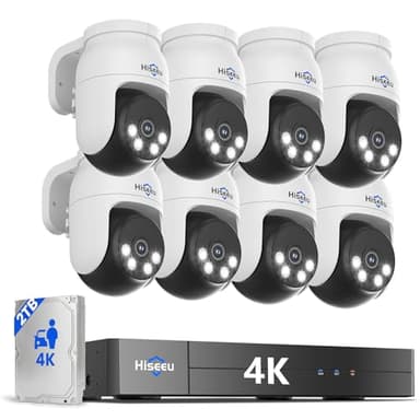 Hiseeu 4K PTZ Wired Security Camera System with 8 x 8MP IP67 CCTV Cameras,8MP DVR,360° Coverage,Smart Color Night Vision,Audio,Person/Vehicle Detection,2TB HDD for 24/7 Recording,Surveillance DVR Kit