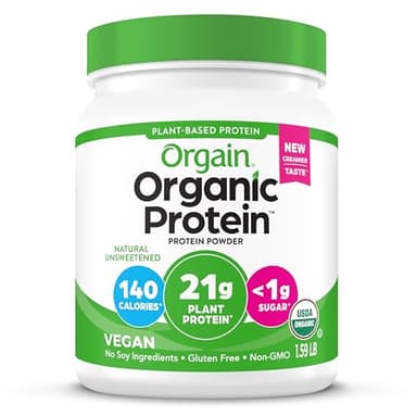 Orgain Organic Vegan Protein Powder, Natural Unsweetened - 21g of Unflavored Plant Protein, 4g Prebiotic Fiber, Low Net Carbs, No Added Sugar, Non-GMO, For Shakes & Recipes, 1.59 lb