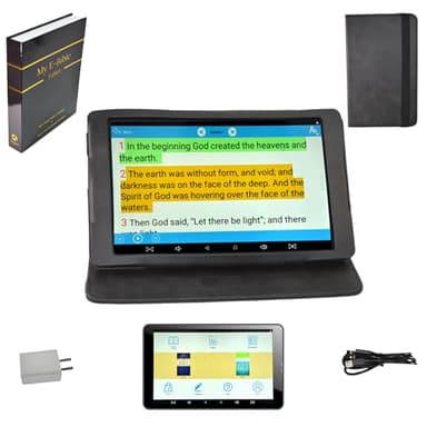 Award Winning Audiobook Speaker Electronic Bible, 8" eReader and Audio Player, with Headphones, Simulated Leather Case with Pocket for Church Notes, Hard Shell Bible Style Gift Box Included. (Black)