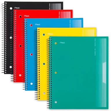Mead Spiral Notebooks, 1 Subject, Wide Ruled Paper, 8" x 10-1/2", 100 Sheets, Assorted Colors, 5 Pack (930093)