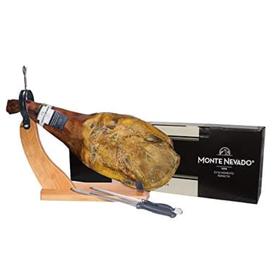 Monte Nevado Jamon Iberico Bellota (Shoulder) - With Ham Stand and Knife - Min Weight 10 lb - 32 Months Avg Curing Time - Jamon 100% Iberico Pata Negra (Paleta) - From Spanish Fatty Iberico Pigs
