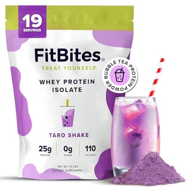 FitBites Boba Tea Protein 100% Whey Protein Powder Isolate (Taro), Natural Energy Coffee Replacement, Sugar Free, Gluten Free, Lactose Free, Soy Free, Real Ingredients, 5.9g BCAAs