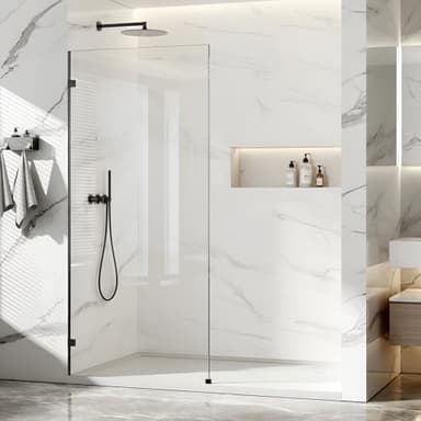 Shower Glass Panel Fixed Shower Screen, 36” W x 78” H 3/8” 10mm Single Frameless Shower Doors for Walk in Shower with Clear Tempered Glass Explosion-Proof Film for Bathroom, Matte Black Hardware