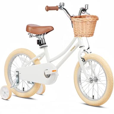 Petimini 16 Inch Little Kids Bike for Age 4 5 6 7 Years Old Girls Retro Vintage Style Bicycles with Basket Training Wheels and Bell, White