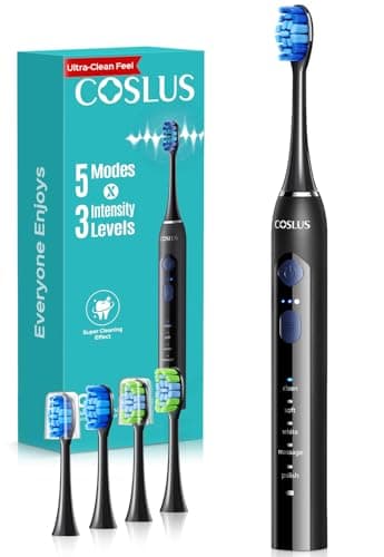 COSLUS Sonic Electric Toothbrush for Adults: 3 Intensities & 5 Modes Gum-Friendly for Deep Cleaning & Whitening - 2 Types of Heads for Family, Sensitive Teeth, Braces, Travel & Home Use, Black, 1PC