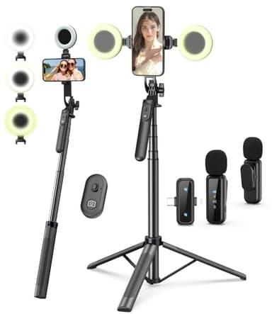Vlogging Kit for iPhone/Android, 71" Selfie Stick Tripod for iPhone with Fill Light, Wireless Microphone & Remote, 360° Rotation Phone Tripod for TikTok/YouTube Content Creator Essentials Starter Kit‌