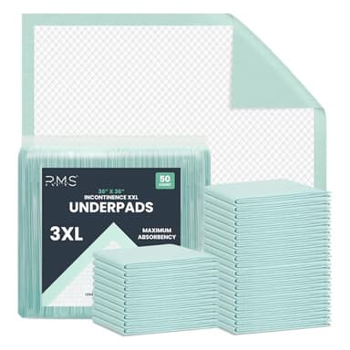 RMS BRANDS Disposable Underpads 36" x 36", 50 Count, Super Absorbent Hospital Grade Incontinence Bed Pads, Leak Proof, Quilted Chux Pads for Adults, Seniors, Kids & Pets