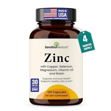 Zinc 30mg With Copper, Selenium & Vitamin D3 | 120 Capsules | Magnesium, Vitamin B6, Biotin | Absorbable Zink Supplements for Men & Women | Chelated Zinc for Immune Health, Skin, Hair, & Nails Support