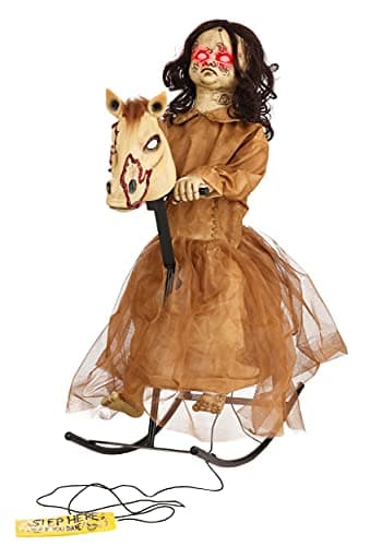 Fun Costumes 3.5 Ft Haunted Doll-Horse Animatronic, Creepy Dolls Halloween Decorations, Ancient Looking Rocking Horse, Red Glowing Eyes Halloween Decoration Standard