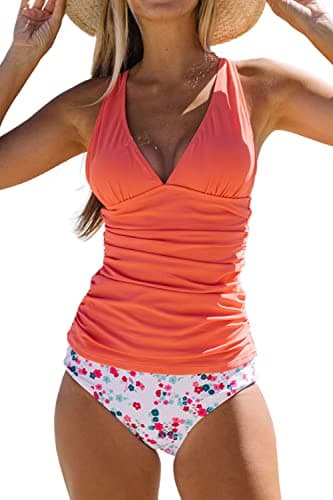 Beachsissi Women's Cute Floral Print Swimsuits V Neck Tummy Control Tankini Set, Floral, XL