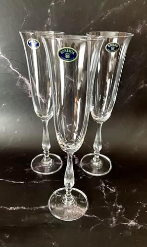 Czech Bohemian Crystal Glass Set of 6 Wine & Champagne Glasses 6oz./190ml. Fregata Elegant Vintage Design Stem Goblets Wedding Birthday Housewarming Anniversary
