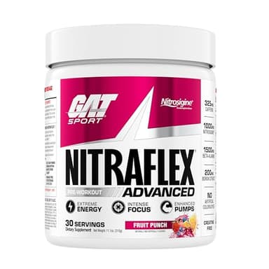 GAT SPORT Nitraflex Advanced Pre-Workout Powder, Increases Blood Flow, Boosts Strength and Energy, Improves Exercise Performance, Men & Women (Fruit Punch, 30 Servings)