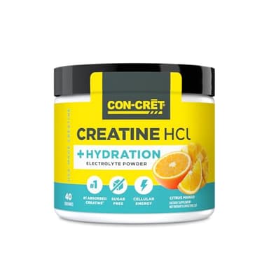 CON-CRET Creatine HCl + Hydration | Electrolyte Powder Tub | Citrus Mango | Sugar Free Electrolytes | Rehydration Formula w Potassium, Sodium, Zinc, Magnesium to Hydrate & Recover (40 serv)
