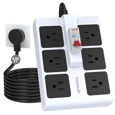 GFCI Power Strip with 9.84ft Heavy Duty Extension Cord, 6-Gang (1875W/15A) with 30mA RCBO Circuit Breaker for Home, Workshop, Garage, Covered Outdoor