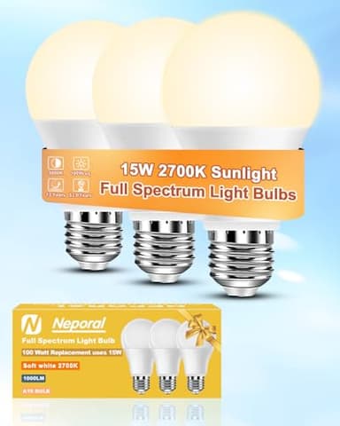 Neporal Full Spectrum Light Bulb 15W LED=100W, 2700K Flicker-Free Warm Light Bulbs, UV-Free & High CRI & Eye-Caring Sunlight Light Bulbs for Human, Home, Office, Plant, E26/E27, 30000H Lifespan, 3PK