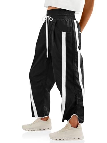 Fisoew Women's Baggy Wide Leg Pants Casual Drawstring Elastic Waisted Contrast Color Workout Y2K Track Pants Black