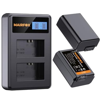 MAIRFOX 2-Pack NP-FW50 Battery & Dual Charger for Sony Alpha A6000 A6300 A6400 A6500 A5100 A5000, A7, A7 II, A7S, A7S II, A7R, A7R II, ZV-E10, NEX 3/5/5T/6/7, RX10 II/III/IV Cameras, 1500mAh