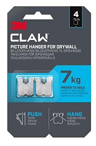 3M Claw Plasterboard Picture Hanging Wall Hooks for Hanging Home Décor, 4 Hangers, Holds up to 7 kg - Ideal for Heavyweight Items