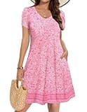 Zeagoo Summer Dress for Women Bohemian Short Sleeve Dresses House Dresses Petite Knee Length Spring Knee Length Summer T Shirt Swing Dresses Pink Print XL