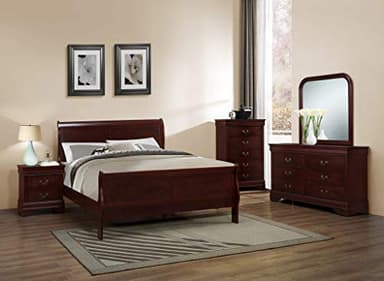 GTU Furniture Classic Louis Philippe Styling Deep Cherry 5Pc Queen Bedroom Set(Q/D/M/N/C)