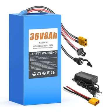 SOLLVIE 36V 8Ah Lithium Battery Pack Built-in 30A BMS, Includes 2A Charger, XT60 SM Connector, Rechargeable Battery for DIY Projects