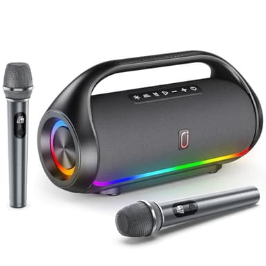 HWWR Portable Bluetooth Speaker with 2 Wireless Microphones, IPX5 Waterproof Speakers with Deep Bass & LED Lights, Loud Stereo Portable Speaker for Outdoor Indoor Home Parties Hiking Camping