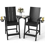 FOOWIN Tall Adirondack Chairs Set of 2,HDPE Adirondack Bar Stools with Connecting Tray & Cup Holders,Weather Resistant Balcony Chair for Outdoor Deck Lawn Pool Backyard Black