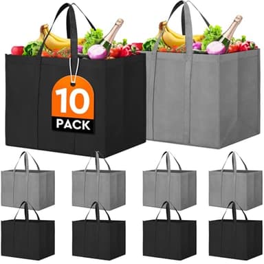 WISELIFE Reusable Grocery Shopping Bags 10 Pack Large Foldable Tote Bags Bulk, Eco Produce Bags with Long Handle for Shopping Groceries Clothes (Grey&Black)