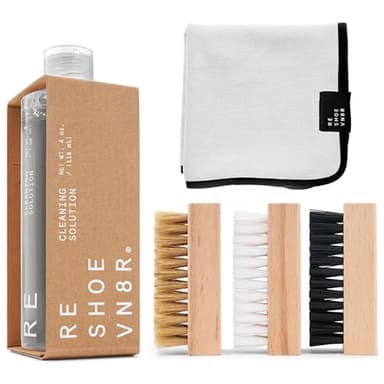RESHOEVN8R Essential Shoe Cleaning Kit – Sneaker Cleaner with 4oz Solution, 3 Brushes & Microfiber Towel – Safe for Suede, Leather, Canvas, Mesh & Nubuck – Up to 50 Cleans