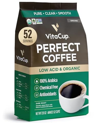 VitaCup Perfect Low Acid Coffee Ground, USDA Organic & Fair Trade, Mycotoxin Free, Dark Roast Guatemala Single Origin, Clean & Pure, 20 ounces, 52 Servings
