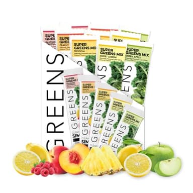Clean Simple Eats Greens Variety 10 Pack, Greens Powder Mix, Packed with Superfoods Chlorella & Spirulina, Includes 5 Delicious Flavors: Peachy, Green Apple, Raspberry Lemonade, Sweet Lemon & Tropical