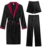 SWOMOG Men's 3 Pcs Robe Silk Satin Kimono Bathrobe with Shorts&Pants Set Lightweight Soft Sleepwear