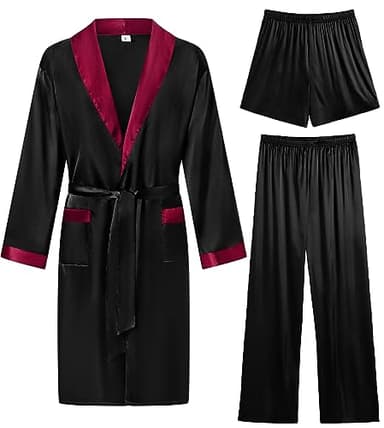 SWOMOG Men's 3 Pcs Robe Silk Satin Kimono Bathrobe with Shorts&Pants Set Lightweight Soft Sleepwear