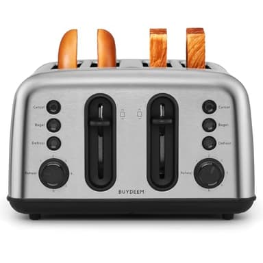 BUYDEEM DT440 4 Slice Toaster, Stainless Steel Toaster with Extra Wide Slots for Bagels, Muffins, High Lift Lever, 6 Shade Settings, Retro Sliver