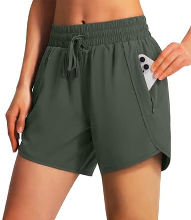 Ksmien Women's 5"/ 7" Athletic Running Shorts Quick Dry Lightweight Workout Gym Shorts with Zipper Pockets UPF 50+ Olive Green