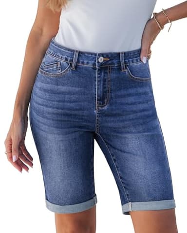 luvamia Bermuda Jean Shorts for Women Knee Length High Waisted Trendy Long Shorts Rolled Up Hem Bermuda Jean Denim Summer Jorts Classic Blue Size Medium US 8 to 10