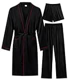 SWOMOG Mens 3 PCS Satin Robe with Pants & Shorts Set Kimono Bathrobe Long Sleeve Sleepwear Pjs Sets with Pockets Black - Red Trimming Large