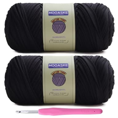 Mooaske 2 Pack T-Shirt Crochet Yarn for DIY Knitting Crochet Cloth Blanket Bag Dolls - 400g Chunky Thick Yarn for Crocheting with Polyester-Spandex Blend Elastic Fabric (Black)