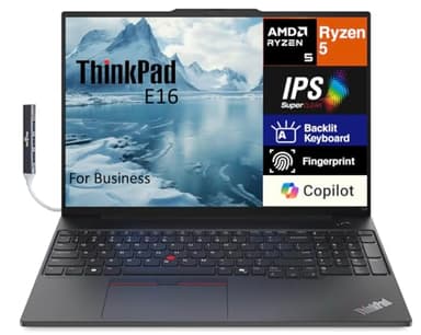 Lenovo ThinkPad E16 Gen 1 Business Laptop 16.0" WUXGA IPS Display 300 nits (AMD Ryzen 5 7530U 6-Core 2.00GHz, 16GB RAM, 512GB PCIe SSD, AMD Radeon, Backlit KYB, FP, WiFi 6, Win11Pro) w/Dockztorm Hub