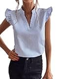 Floerns Women's Striped Notched V Neck Ruffle Cap Sleeve Blouse Tops Blue and White L